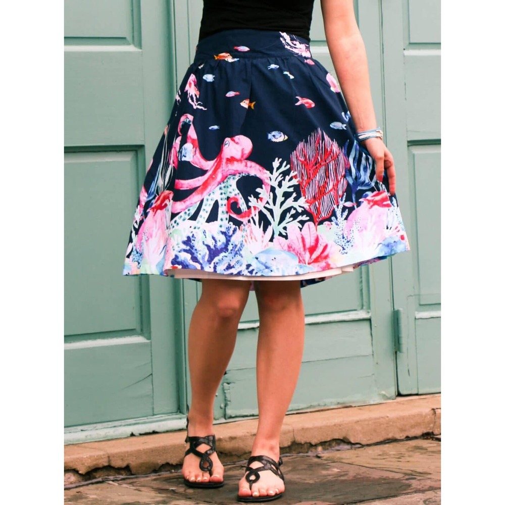 ModCloth Octopus Ocean A-Line Skirt Cotton Large Navy Coral Reef Novelty Whimsy